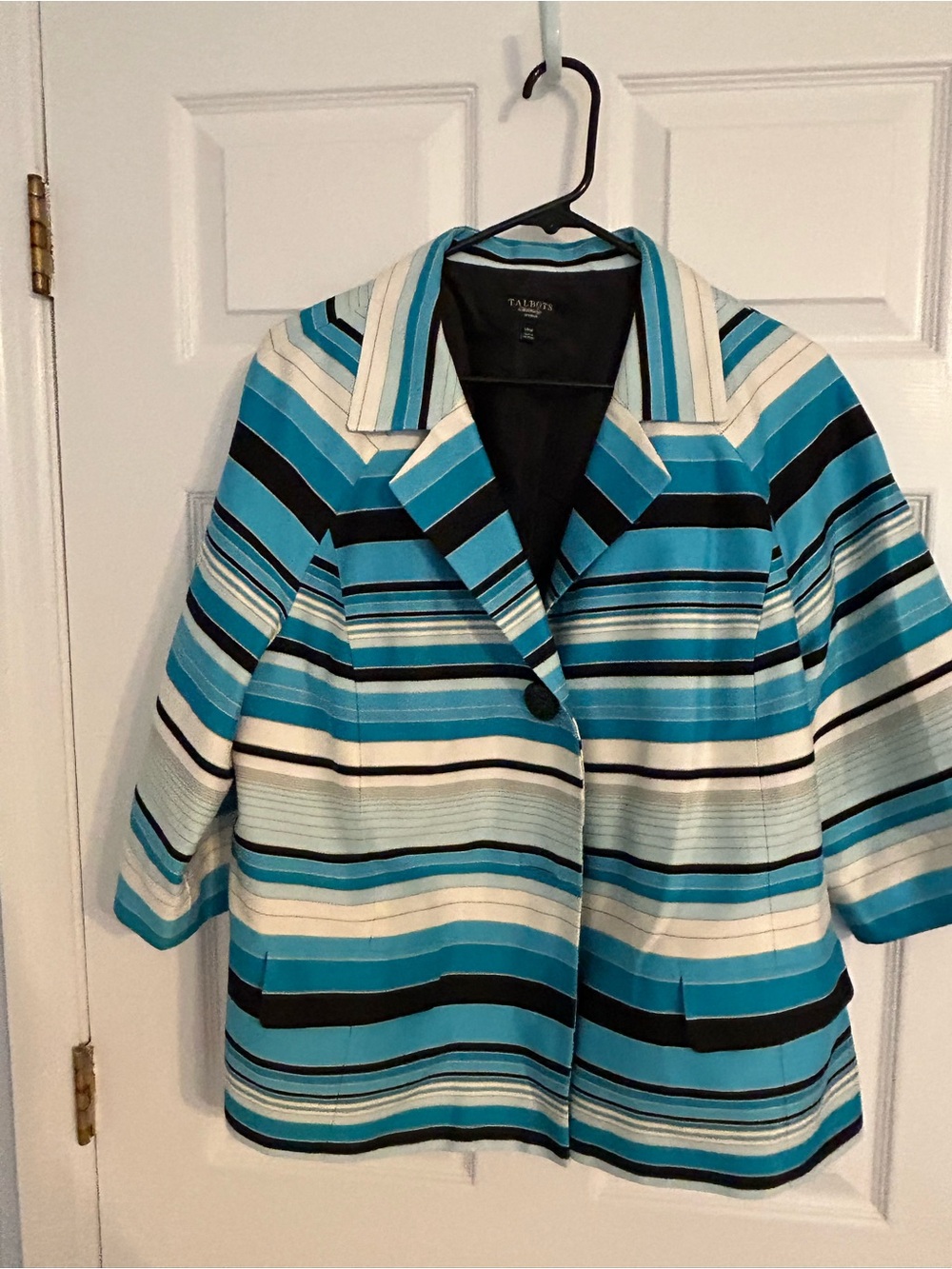 Talbots Teal Black White Striped Short Blazer